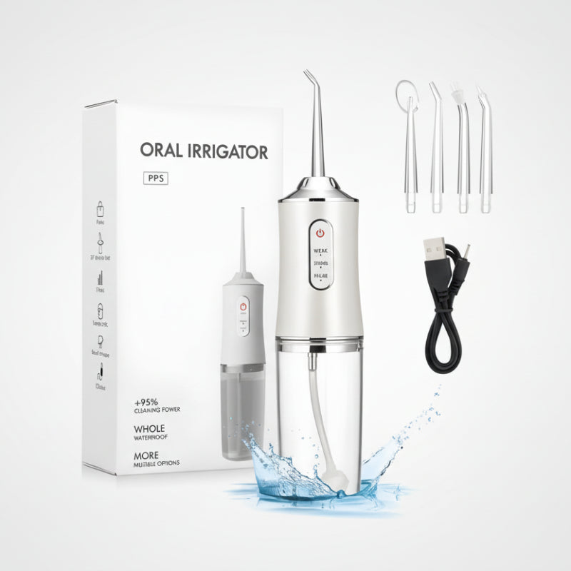 Irrigador dental portátil para limpeza profunda entre dentes e implantes