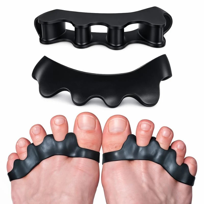 Separador de dedos em gel preto sendo usado no pé para aliviar dor no joanete
